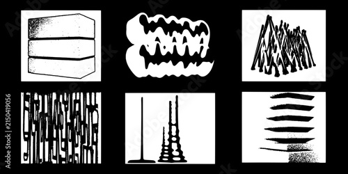 Engraved illustrations showcasing various abstract shapes and patterns in black and white on a transparent background