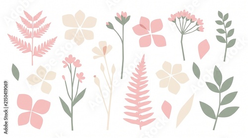 Pressed flowers and botanical leaves collection in soft pastel pink and green colors