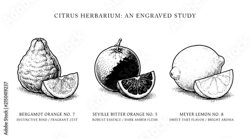 Citrus herbarium engraving study with bergamot orange, Seville bitter orange, and Meyer lemon displayed on a plain background