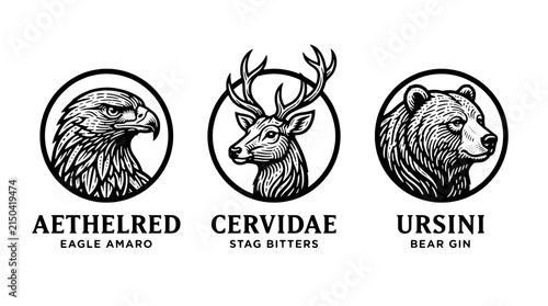 Engraved illustrations of eagle, stag, and bear designs in black and white style