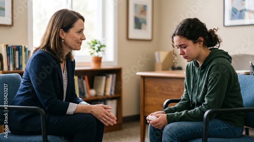 Therapist talking with distressed young woman during supportive counseling session in welcoming office interior