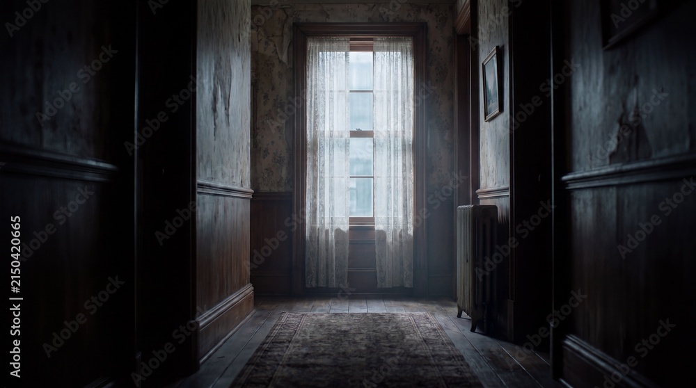 Fototapeta premium A dark hallway in a British apartment, with a curtained window at the far end