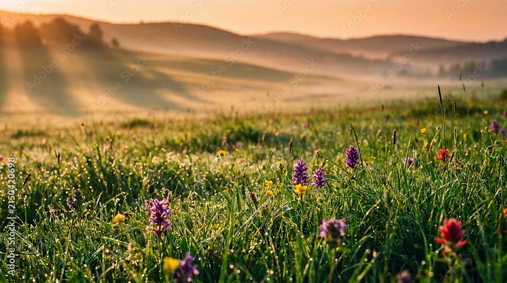 Obraz premium A meadow scene with the morning sun streaming in