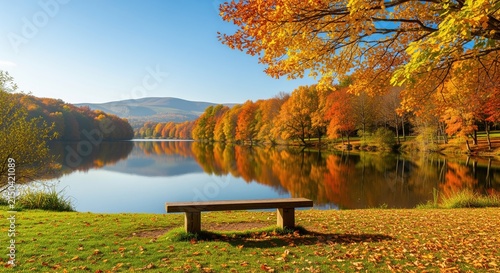 A wooden picnic table on a grassy shore overlooks a calm lake surrounded by golden autumn trees. Mountains rise in the distance under a clear blue sky, creating a perfect spot for relaxation.