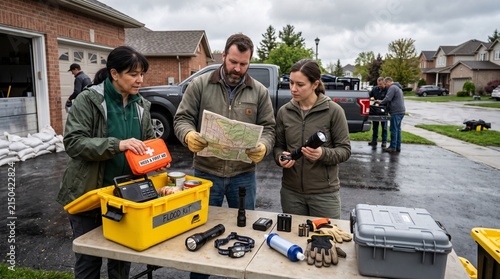 Community emergency team preparing flood response supplies in rainy suburban neighborhood with rescue equipment and map