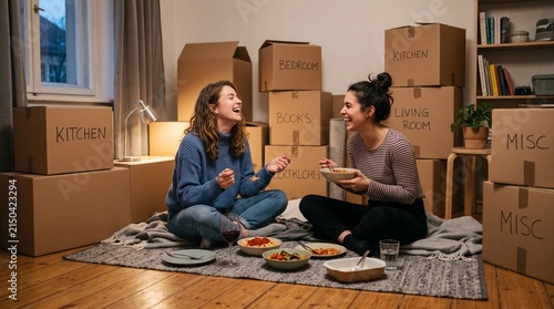 Two friends sharing dinner on a blanket among moving boxes in a warmly lit apartment