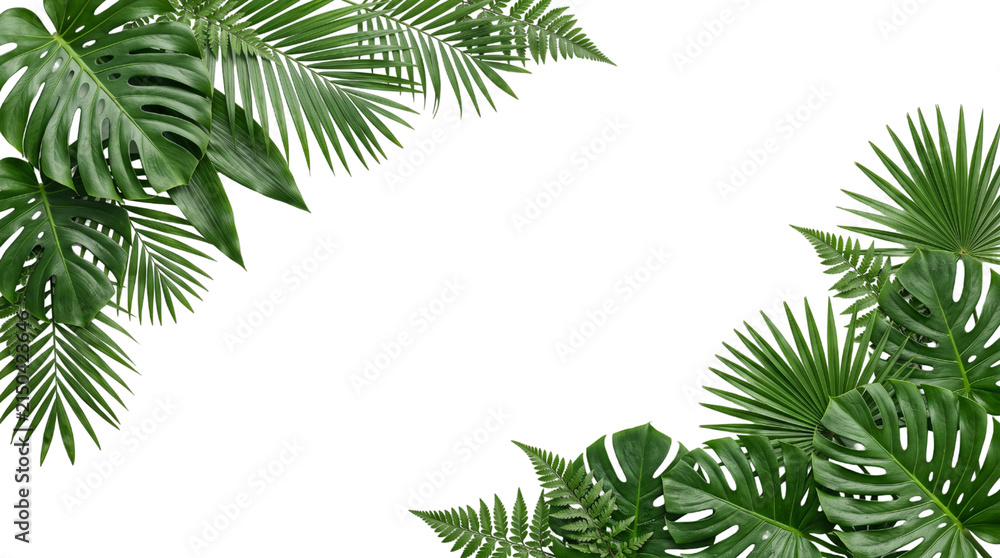 Fototapeta premium Tropical Monstera and Fern Leaf Corner Border Frame Isolated on White Background