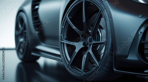 Close-up of a modern luxury sports car front wheel and sleek body profile in a minimalist studio. Automotive design and styling.