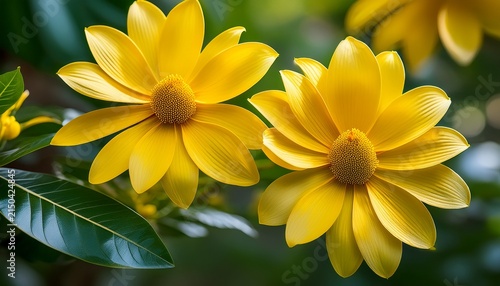 Close Up Of Yellow Flowers Isolated With Foliage Background