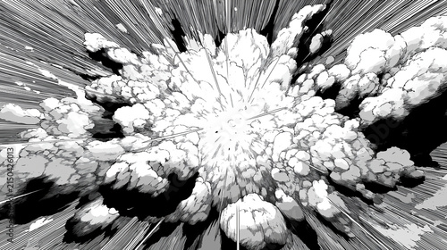 モノクロの爆発エフェクト 衝撃波と煙を描いた漫画風アクション背景
