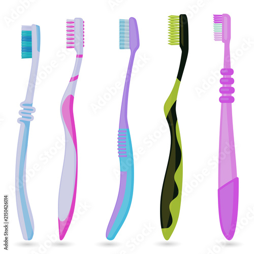 Obraz na plátně Colorful toothbrush set for oral hygiene and dental care on transparent backgrou