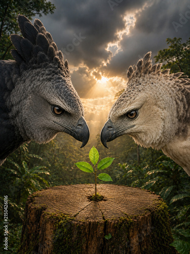 Two eagles confront each other over a sapling on forest stump