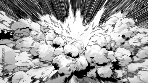 モノクロの爆発エフェクト 衝撃波と煙を描いた漫画風アクション背景