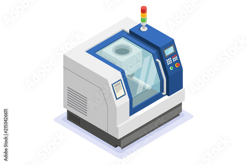 Isometric industrial CNC machine with modern control panel, Vector, illustration