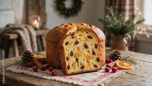 Fresh panettone loaf with pinecones and dried orange slices on festive table