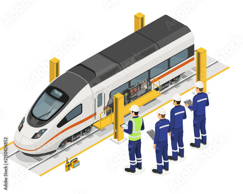 Engineers inspecting modern high speed train in depot, Vector, illustration