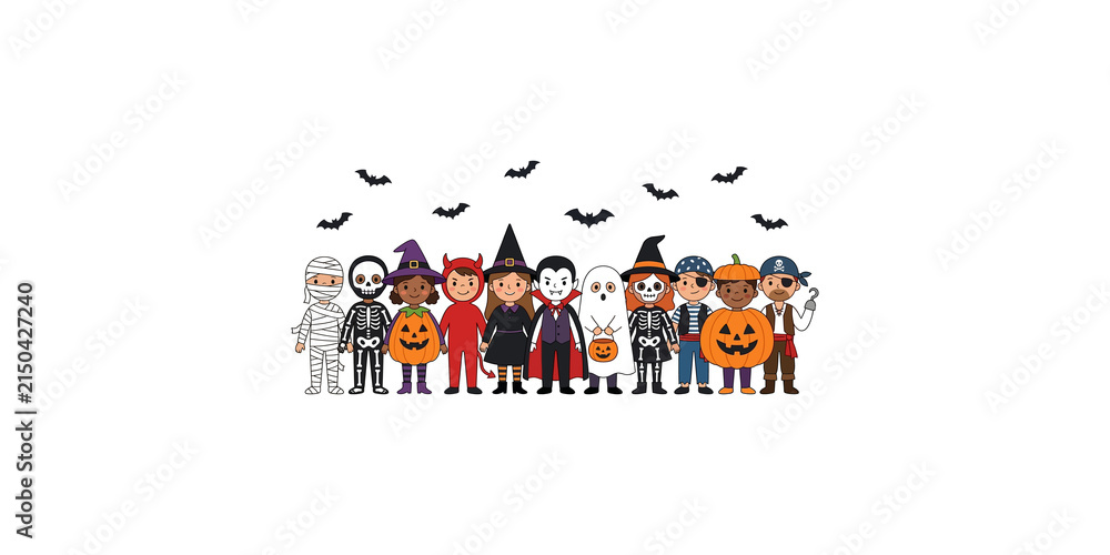 Fototapeta premium Group of diverse children in various halloween costumes with flying bats.