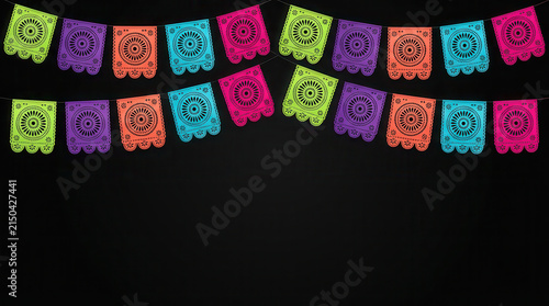 Festive Hispanic Heritage Month background with colorful papel picado banners, intricate decorative patterns and dark black copy space, creating a vibrant cultural celebration design