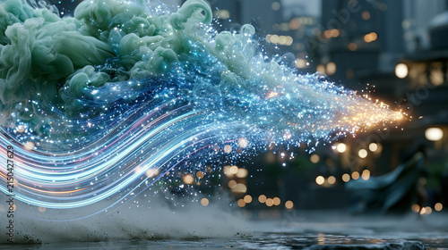 Glowing Fiber Optic Data Wave With Blue Particles