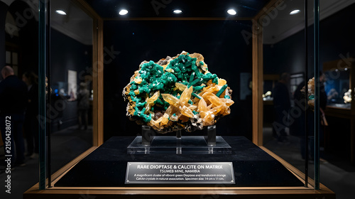 Rare Dioptase and Orange Calcite Crystal Specimen Natural Mineral Cluster in Glass Display Case Collectors Grade Green Dioptase Gemstone Raw Crystal Display
