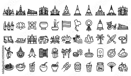 Canvas Print Professional Thailand Landmark and Culture Outline Icon Set Editable Stroke Vect