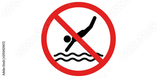 No diving safety sign with black swimmer pictogram and red prohibition circle for pool areas.