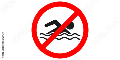 No swimming allowed sign with red prohibition circle on transparent background.