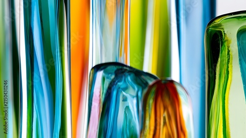 Abstract composition of vibrant colored glass tubes arranged vertically with blurred foreground elements creating depth and modern aesthetic