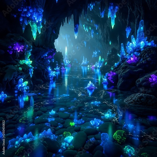 Abstract digital art with glowing blue and purple geometric shapes.