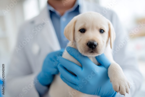 Veterinarian holding a cute puppy in a clinic. Vet doctor with blue gloves examining a small dog. Pet care concept