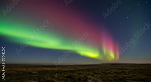 Aurora borealis dancing over snowy landscape at night.