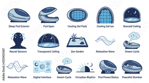Futuristic sleep pod and restorative recovery technology icons