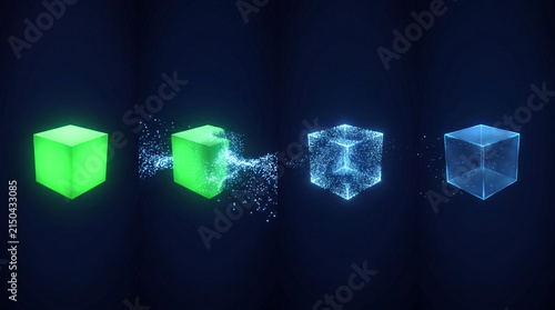 Glowing green cube transforming into digital blue geometric shape, an exciting metamorphosis of abstract light and energetic technology