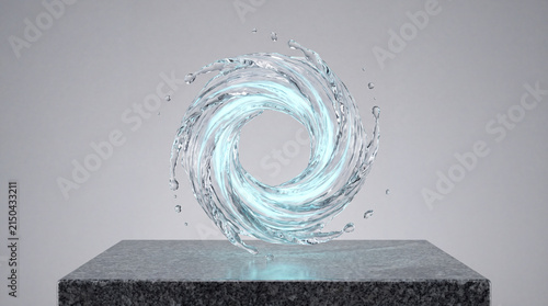 Abstract water vortex energy concept featuring calm liquid swirl flowing above solid pedestal with dynamic splashing motion