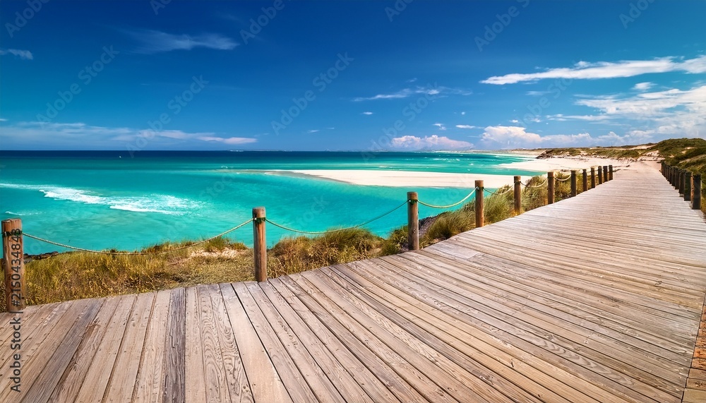 Fototapeta premium Coastal Sand Dunes With Wooden Boardwalk And Turquoise Ocean