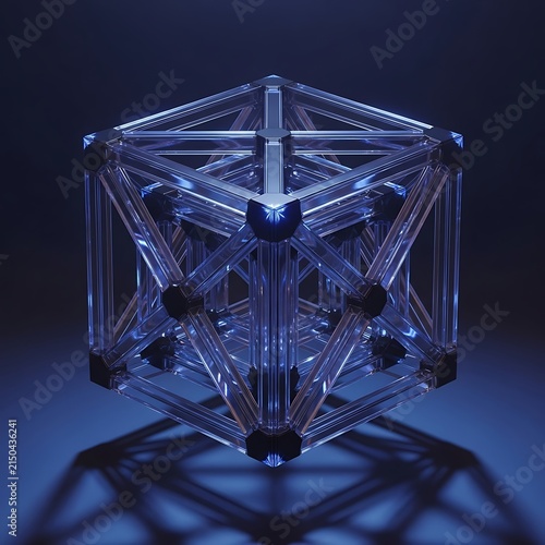 Blue glowing geometric crystal structure with light beams.