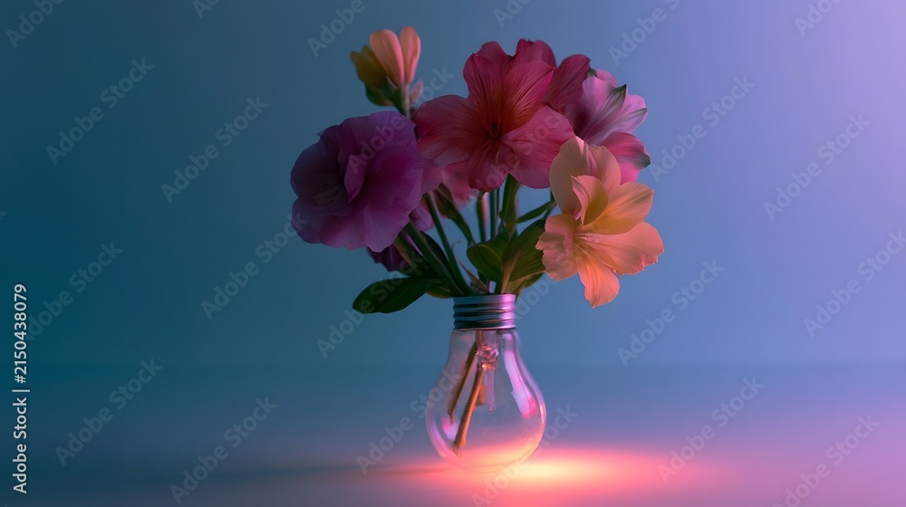 Obraz premium A vibrant bouquet of pink and peach flowers arranged inside a clear glass bulb that emits warm glowing light against a gradient blue background