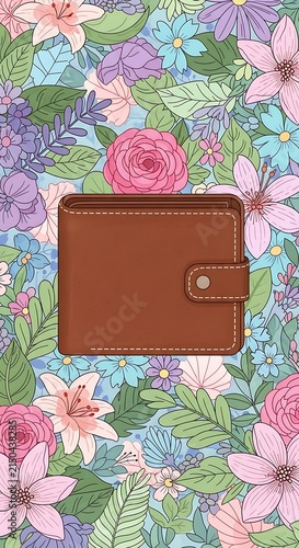 Brown leather wallet with floral background and coins.