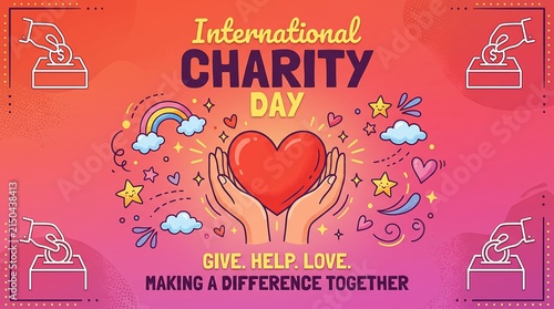 International Charity Day banner with heart, hands, and donation box for global non profit campaigns and fundraising events