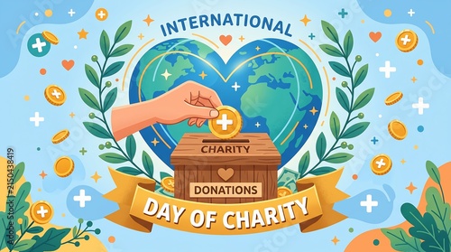 International Day of Charity vector illustration with donation box and globe
