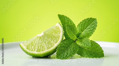 Fresh green lime wedge and mint sprig on white plate for cocktail and beverage menu background