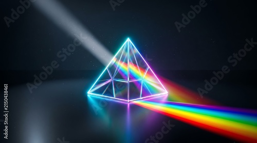 Light refraction through neon prism creating rainbow spectrum for technology and science design