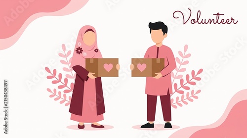 Muslim children volunteers holding charity boxes with hearts for community service