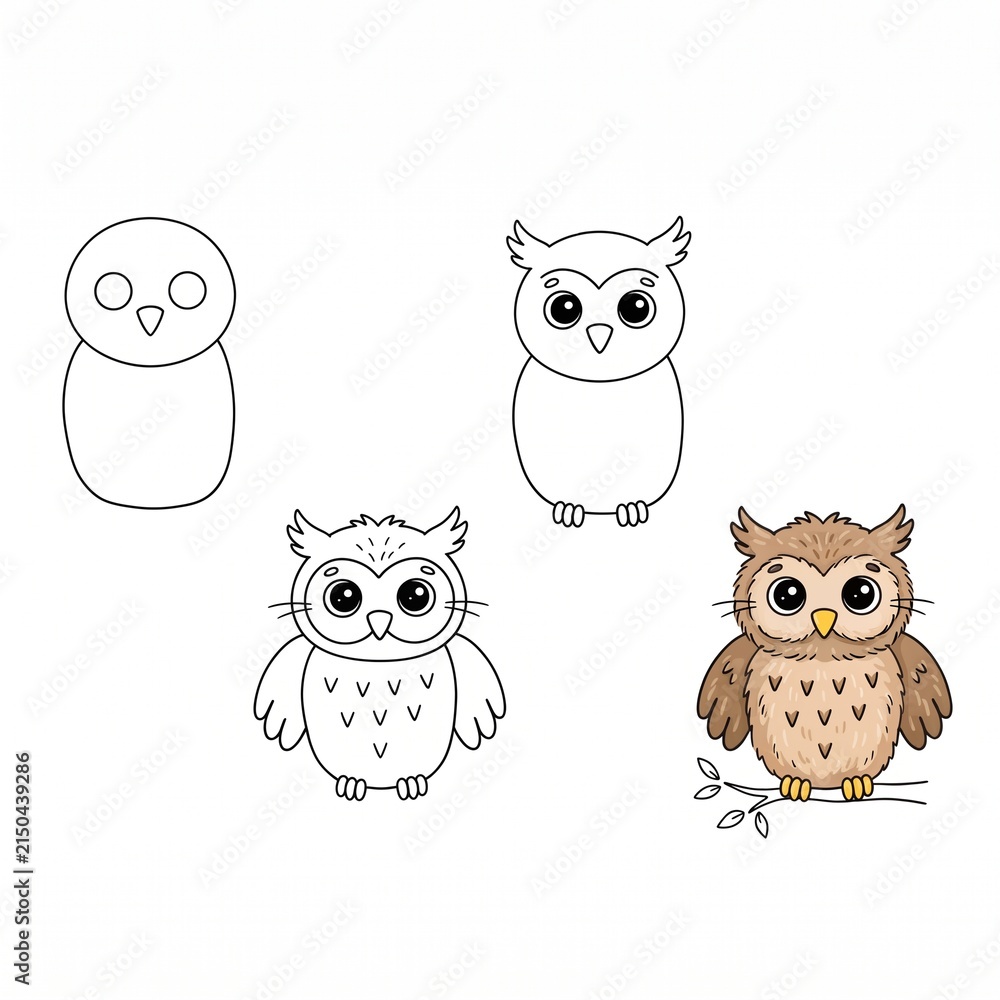 Fototapeta premium Cute owl drawing tutorial with how to draw step-by-step illustration