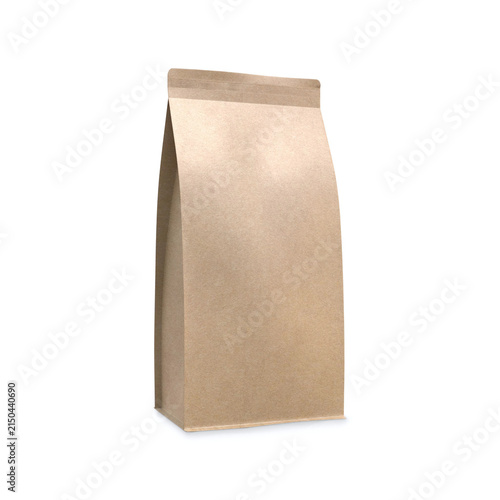Blank brown kraft flat bottom coffee bag packaging mockup isolated on a white background, suitable for coffee, tea, snacks, and food branding.