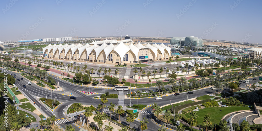 Obraz premium Yas Marina Circuit Formula 1 Grand Prix motorsport race track panorama in Abu Dhabi, United Arab Emirates