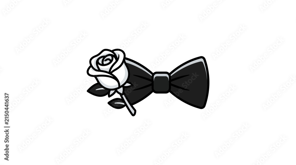 Fototapeta premium Boutonnieres consisting of a black bow tie and a white rose flower arranged together.