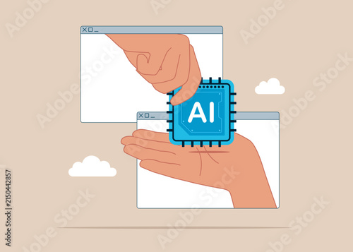Coming out of browser pass each other chip artificial intelligence. Idea online. Chip AI exchange concept. Modern vector illustration in flat style.