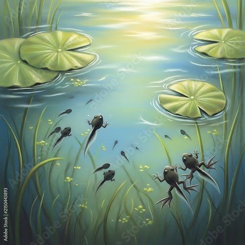 Close up of blooming water lily flowers in pond.