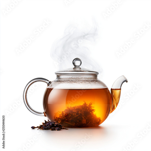 Steaming hot black tea brewing in transparent glass teapot with loose leaves isolated on white background